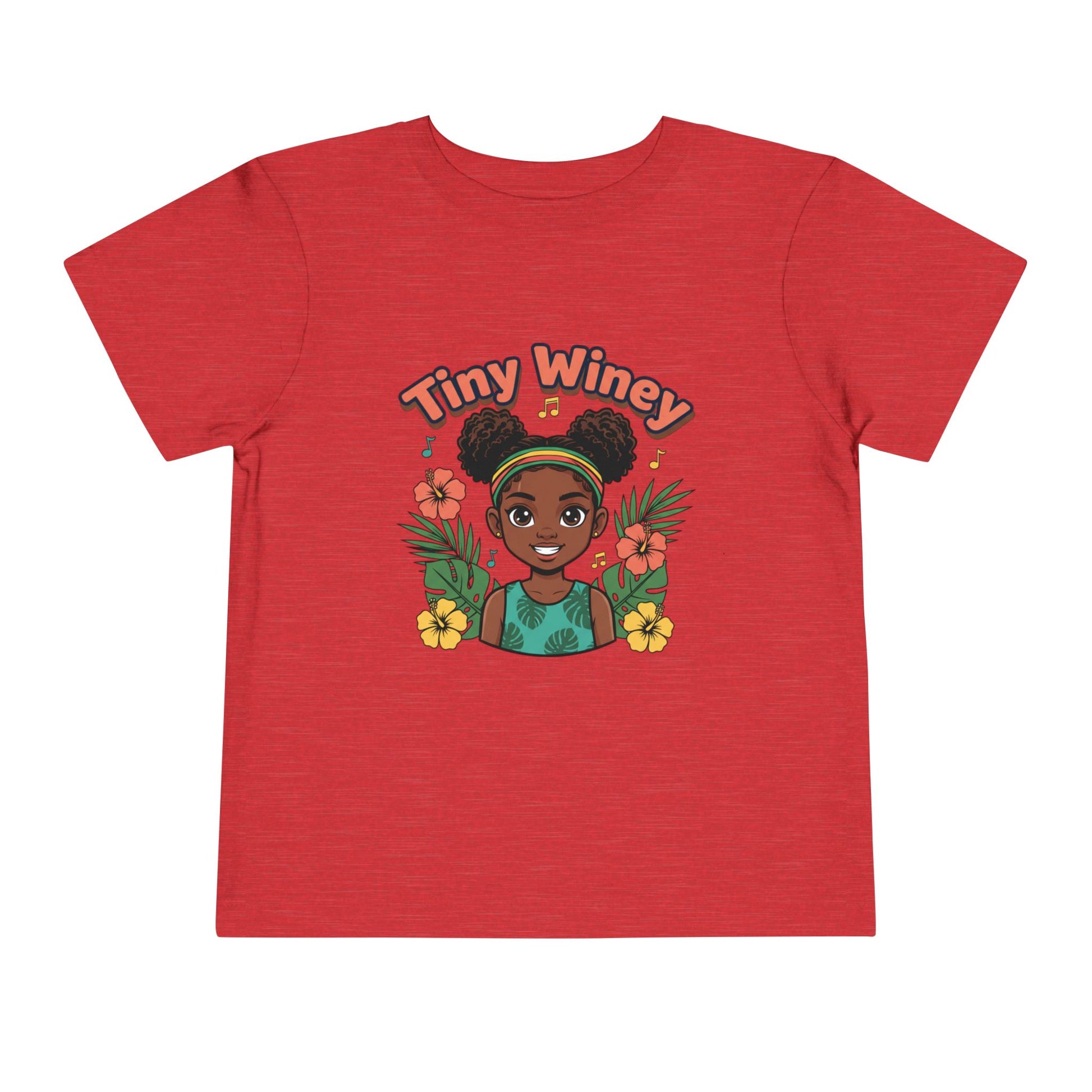 Red t-shirt with a graphic of a girl and 'Tiny Winey' text on a white background