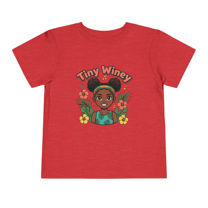 Red t-shirt with a graphic of a girl and 'Tiny Winey' text on a white background
