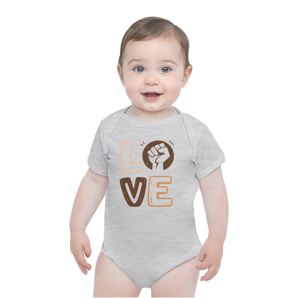 Baby wearing a gray onesie with 'LOVE' printed on it against a white background