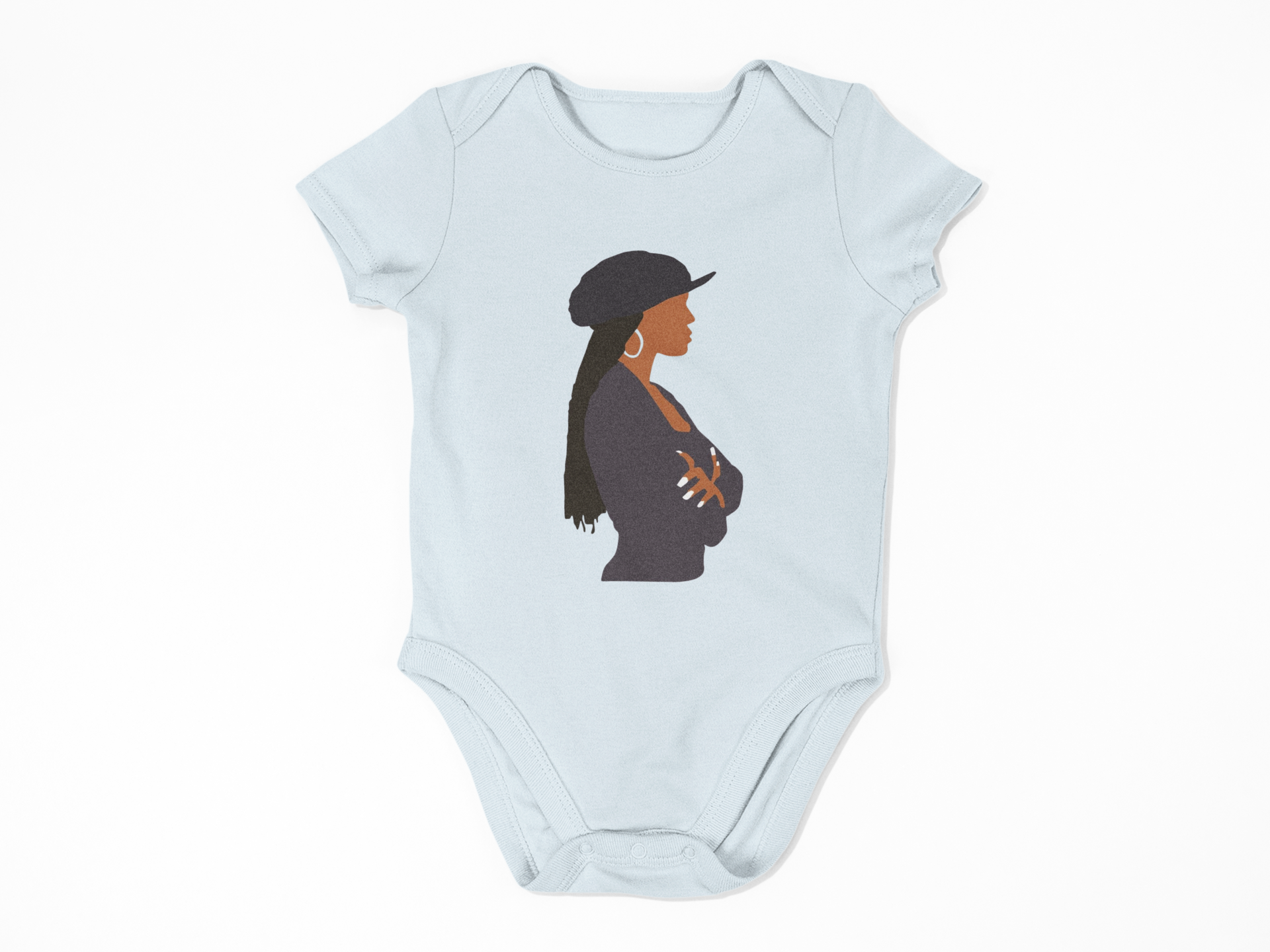 Light blue baby onesie with a graphic of a woman wearing a hat on a white background