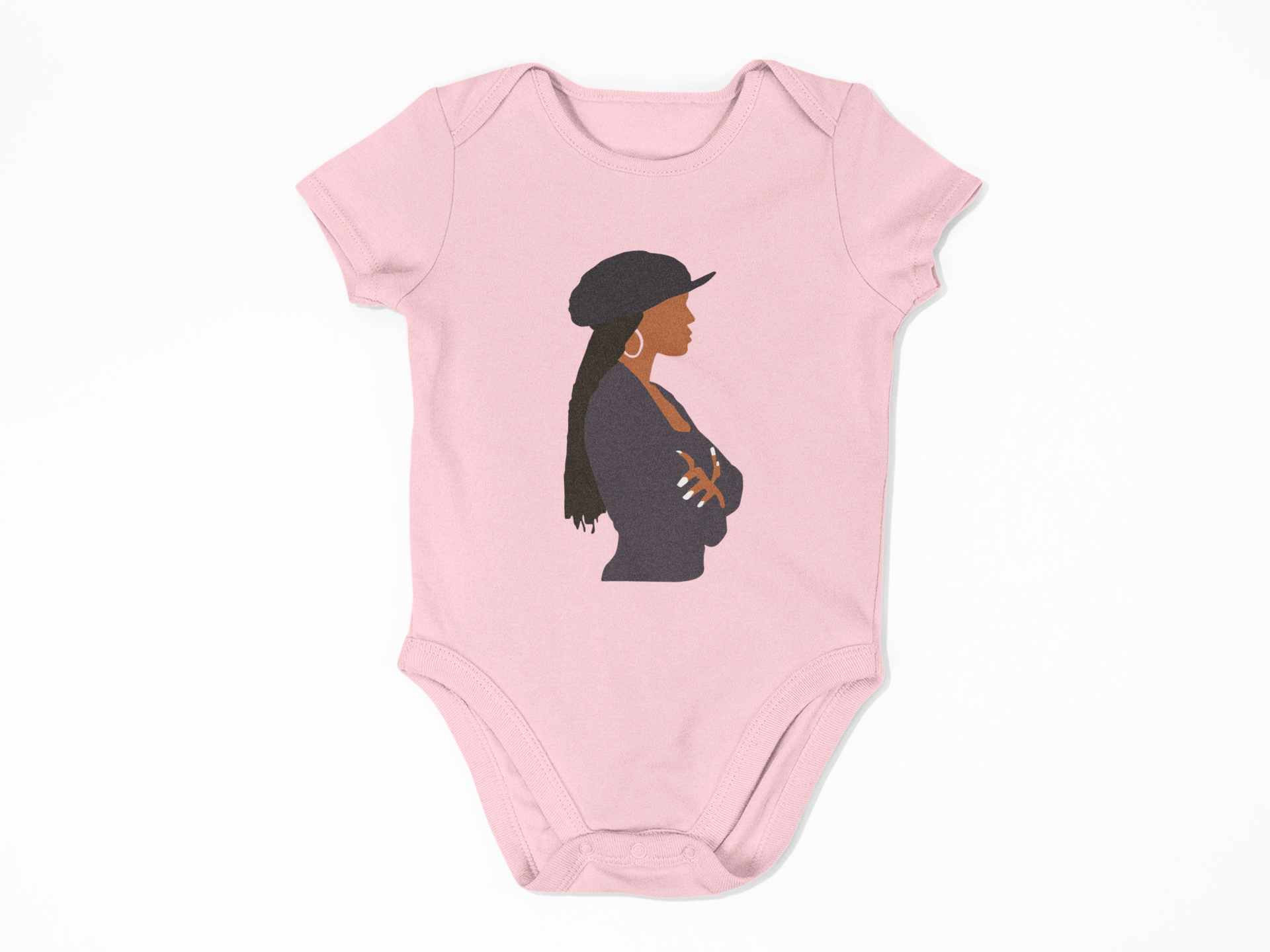Pink baby onesie with a silhouette of a woman wearing a hat on a white background